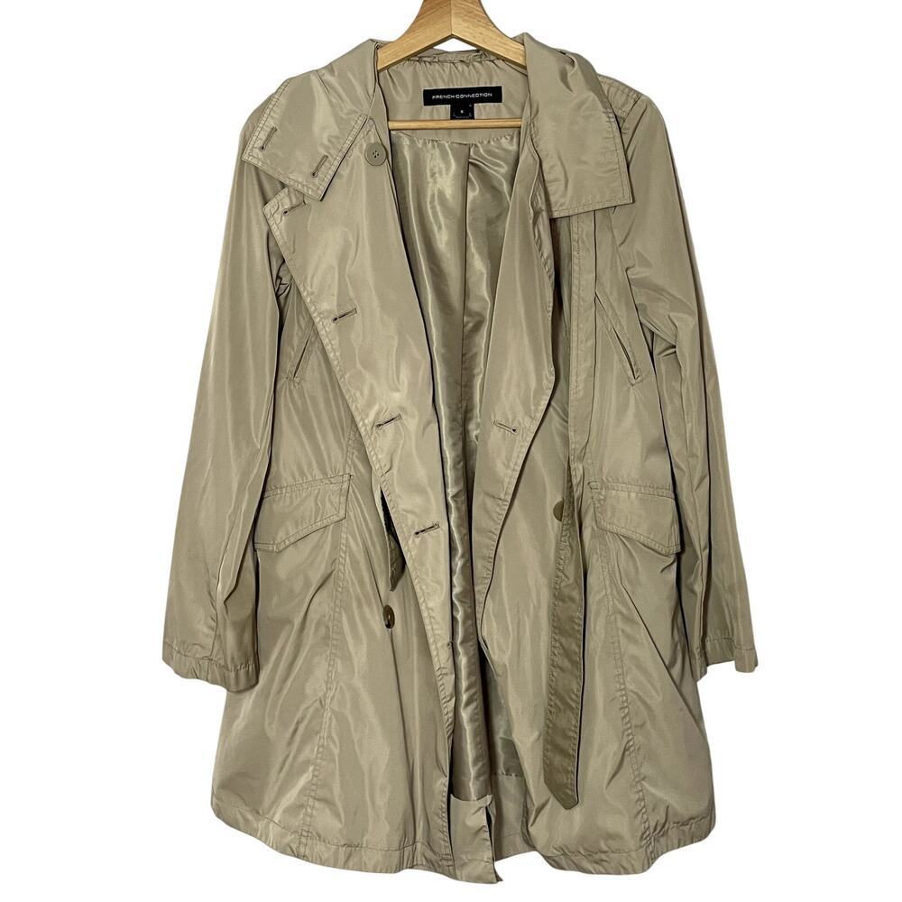 French Connection tan trench coat women's size S full length pockets small marks